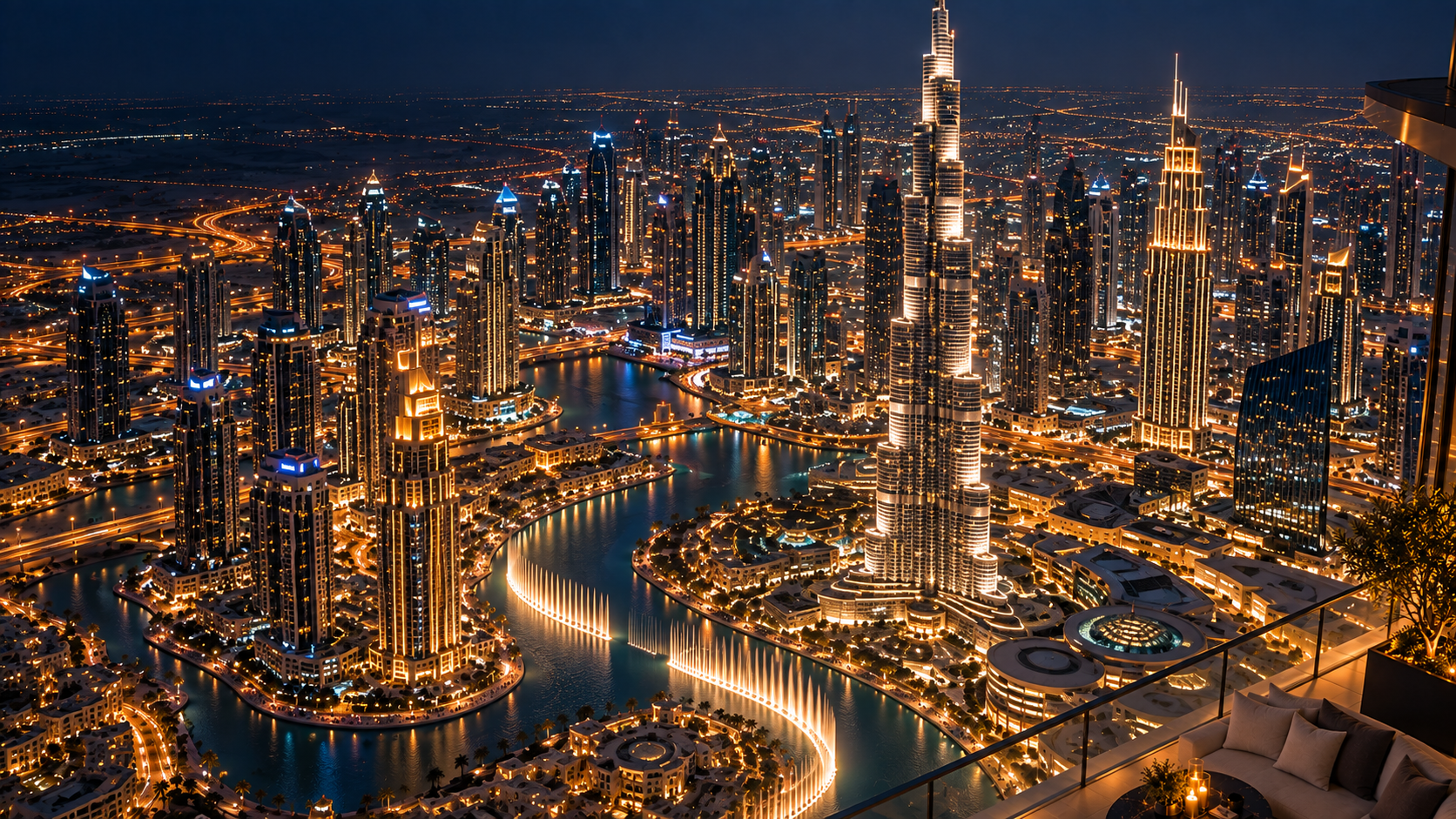 Photorealistic artistic aerial view of a Dubai penthouse terrace and skyline at night